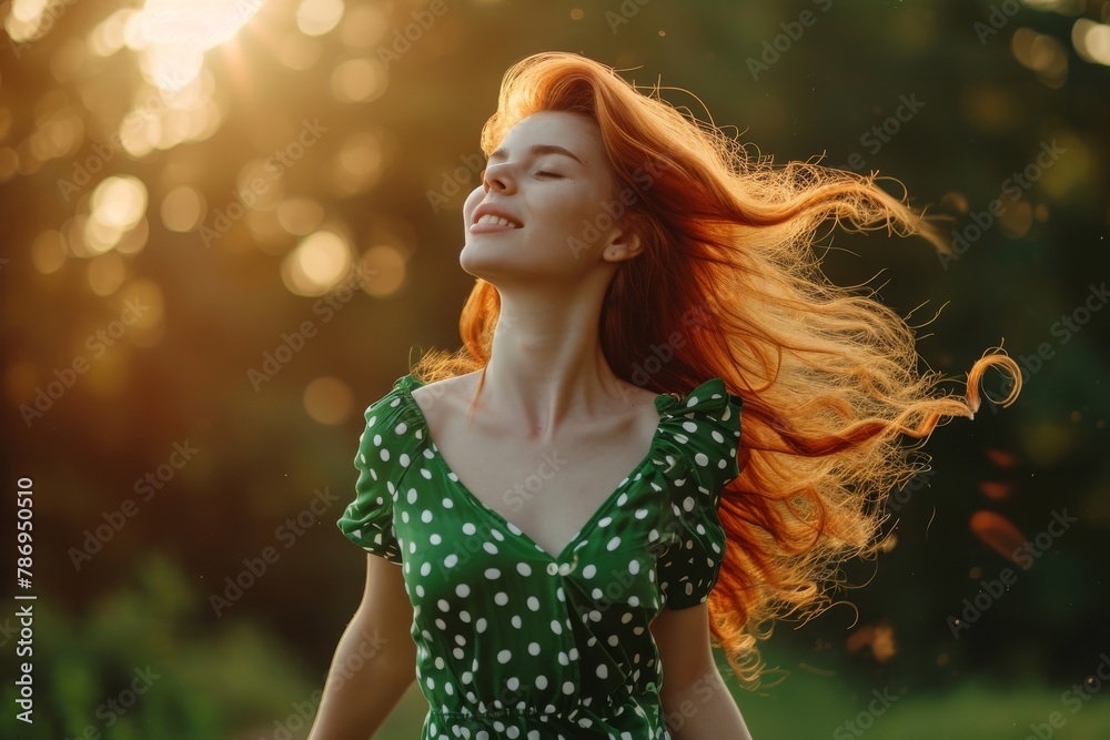 Woman with red hair enjoying sunlight in green polka dot dress, embodying joy and freedom. Serene moment captures essence of summer bliss as woman in green dress revels in warm glow of golden hour