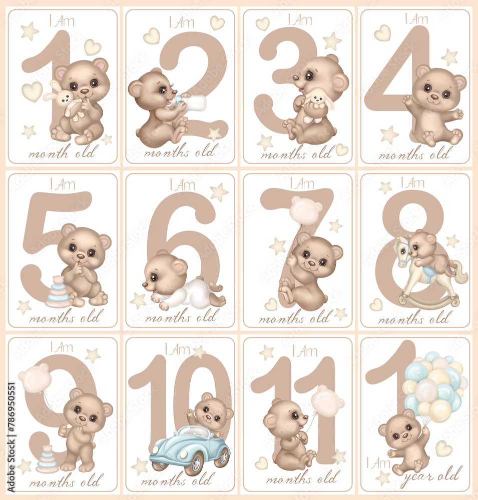 Baby first year milestone cards with cute cartoon baby bears. Newborn month cards. Kids age tags Numbers and Teddy Bear. Monthly celebrating child birth growth with funny characters, nursery print - obrazy, fototapety, plakaty 