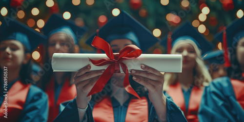 A graduate holds a white rolled diploma with a red ribbon in front of her fellow graduates. Concept for celebrating successful university graduation and receiving diploma. photo