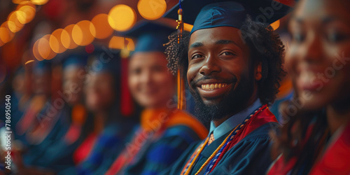 Happy African American graduate with graduates background. Concept for celebrating successful university graduation and receiving diploma. photo