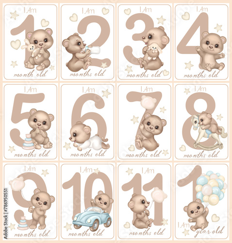 Baby first year milestone cards with cute cartoon baby bears. Newborn month cards. Kids age tags Numbers and Teddy Bear. Monthly celebrating child birth growth with funny characters, nursery print