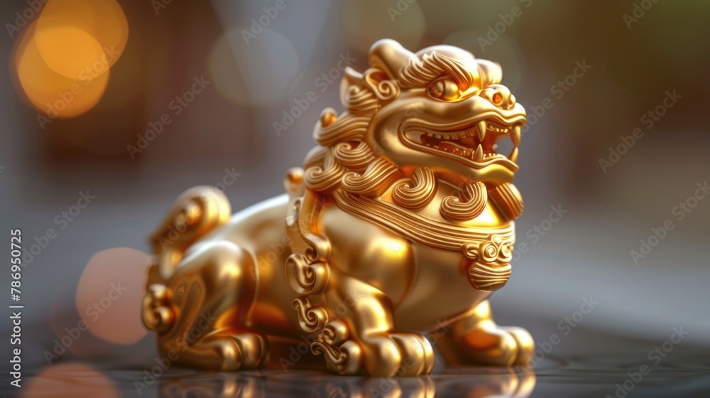 A golden lion statue displayed on a table. Perfect for interior design projects