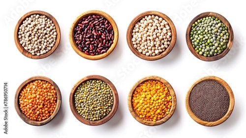 Different types of beans in wooden bowls on white surface, ideal for food and nutrition concepts