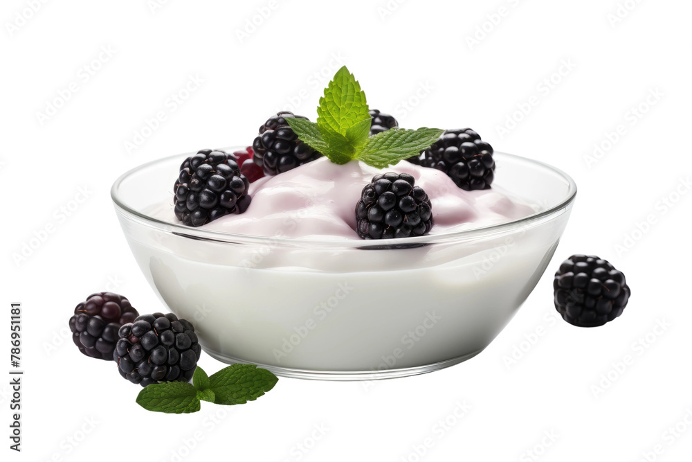 Indulgent Delight: A Bowl of Creamy Yogurt With Plump Blackberries and Fresh Mint Indulgent Delight: A Bowl of Creamy Yogurt With Plump Blackberries and Fresh Mint