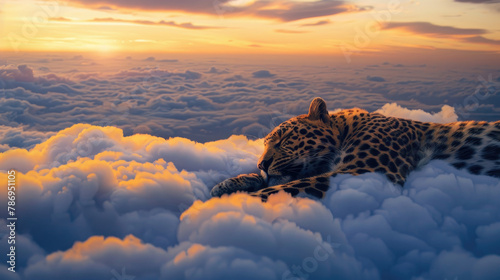 Illustration of a leopard sleeping soundly on a cloud at dusk