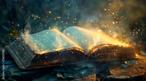 fantasy magical book  with open pages and glowing lights