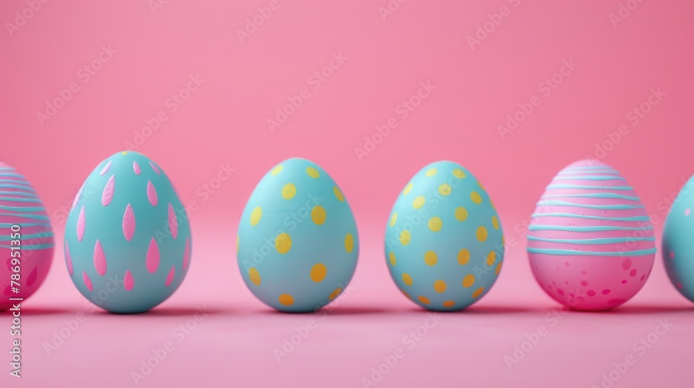 Colorful row of painted Easter eggs on a pink background. Suitable for Easter holiday designs