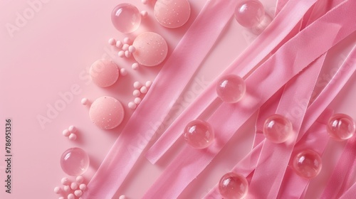Pink wax beads and strips for removing unwanted hair are shown on a pink backdrop. Waxing and hair removal. photo