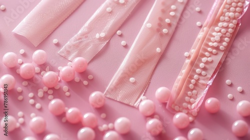 Pink wax beads and strips for removing unwanted hair are shown on a pink backdrop. Waxing and hair removal.