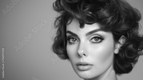 Portrait of a stunning brunette with sixties-inspired makeup and hair, capturing nostalgia and elegance in a black-and-white shot.