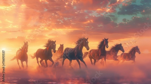Seven horses galloping through a desert sandstorm against a backdrop of a beautiful sunrise sky. This scene evokes a sense of luxury, suitable for a poster or wallpaper.