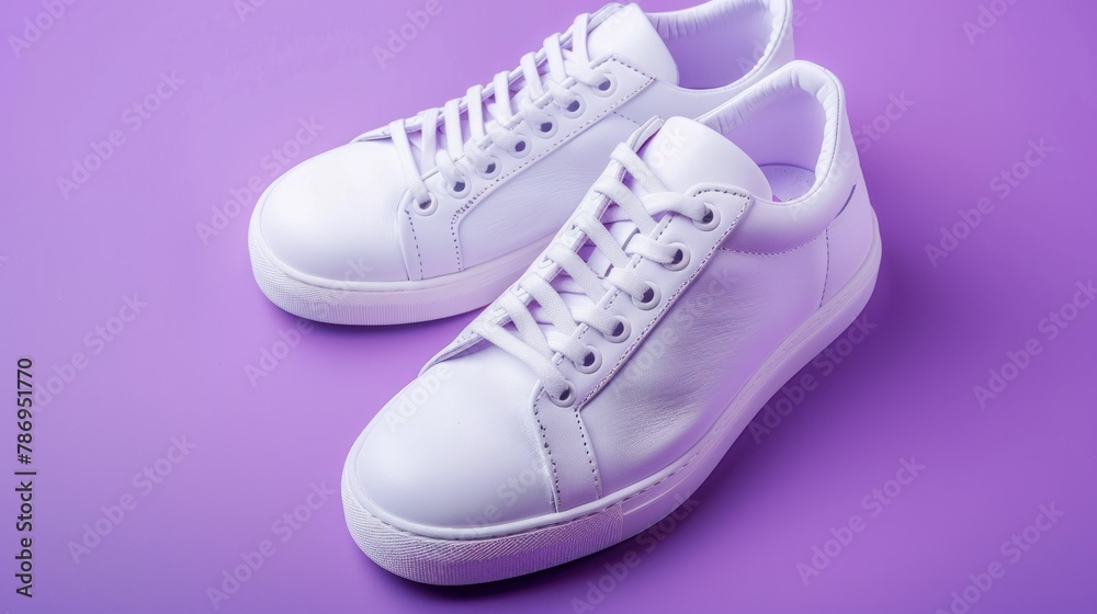 White sports sneakers isolated on purple background. Stylish blend of athleticism and fashion.