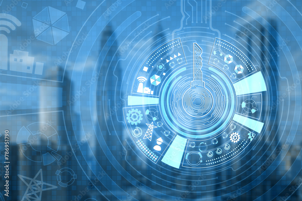 Creative round digital key hologram on blurry blue city backdrop. Concept of cyber security or private key, abstract digital key with technology interface. Double exposure.