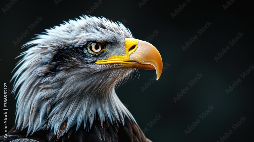 A stunning close-up shot capturing the intense gaze and intricate feather detail of a bald eagle, with a dark, blurred background emphasizing its features A stunning close-up shot capturing the intense gaze and intricate feather detail of a bald eagle, with a dark, blurred background emphasizing its features