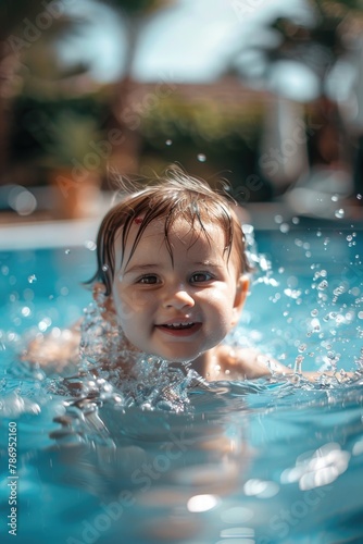 A small child enjoying a swim in a pool. Great for summer-themed designs