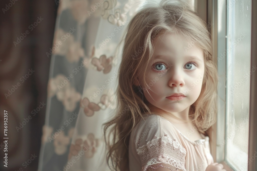 A young girl gazing through a window, suitable for various concepts A young girl gazing through a window, suitable for various concepts