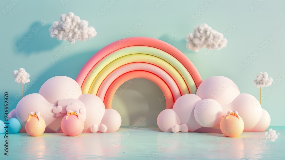 Minimalist geometric shapes forming a rainbow with fluffy clouds, soft pastel colors, modern style - obrazy, fototapety, plakaty 