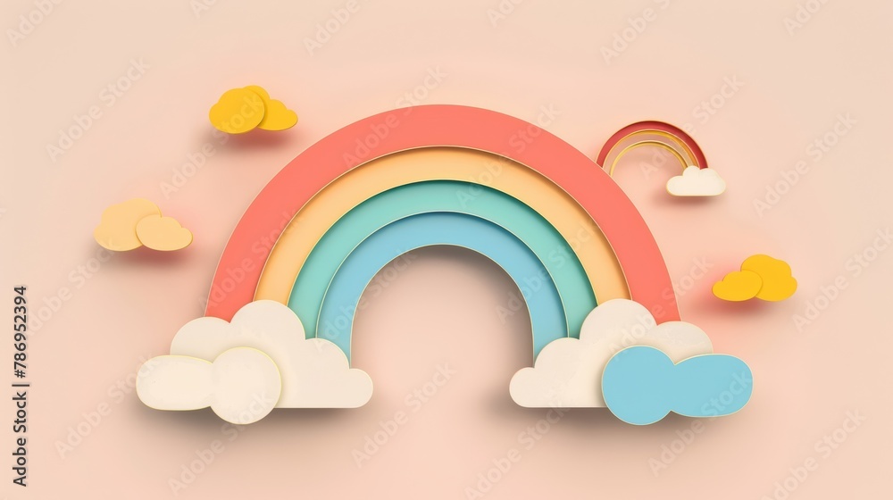 Minimalist geometric shapes forming a rainbow with fluffy clouds, soft pastel colors, modern style - obrazy, fototapety, plakaty 