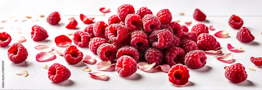 Fototapeta premium Fresh raspberries and rose petals against white background, side view, copy space, banner, space for text, backdrop, wallpaper