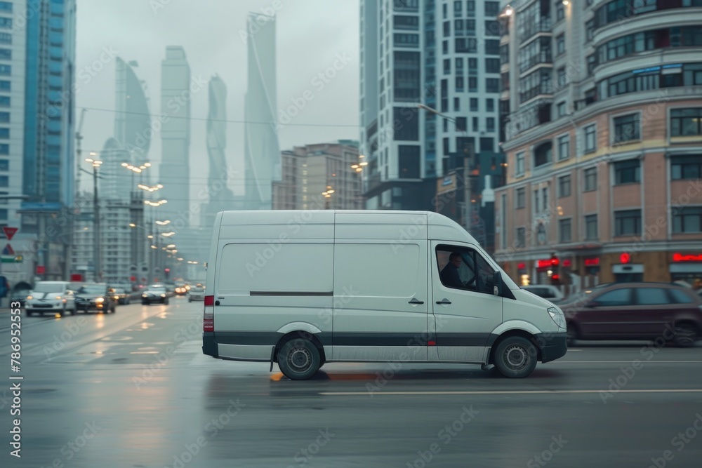 A white van driving down a street next to tall buildings. Suitable for transportation or urban city concepts