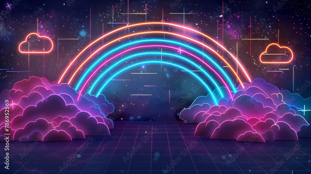 Neon outline of geometric rainbow, clouds on a starry night background, bold colors, 80s neon retro - obrazy, fototapety, plakaty 