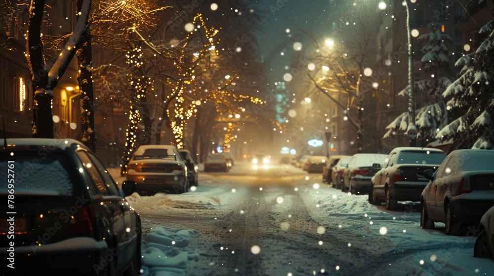 Cars parked on a snowy street at night. Suitable for winter cityscape concepts