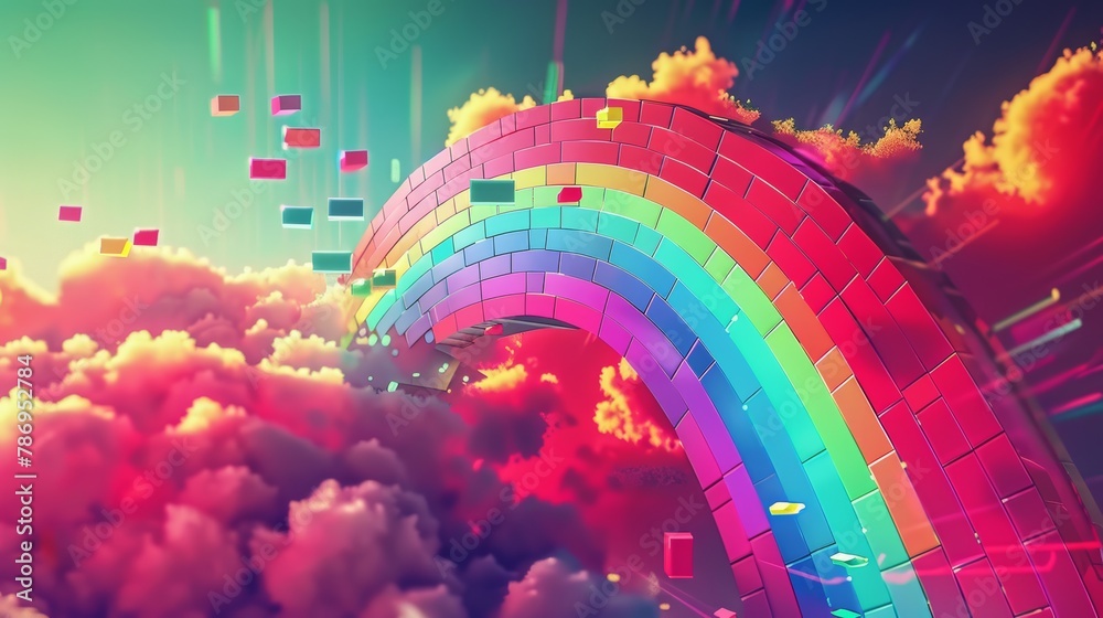 Retro gaming style geometric rainbow over pixel clouds, vibrant 8-bit colors - obrazy, fototapety, plakaty 