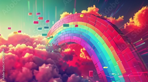 Retro gaming style geometric rainbow over pixel clouds, vibrant 8-bit colors