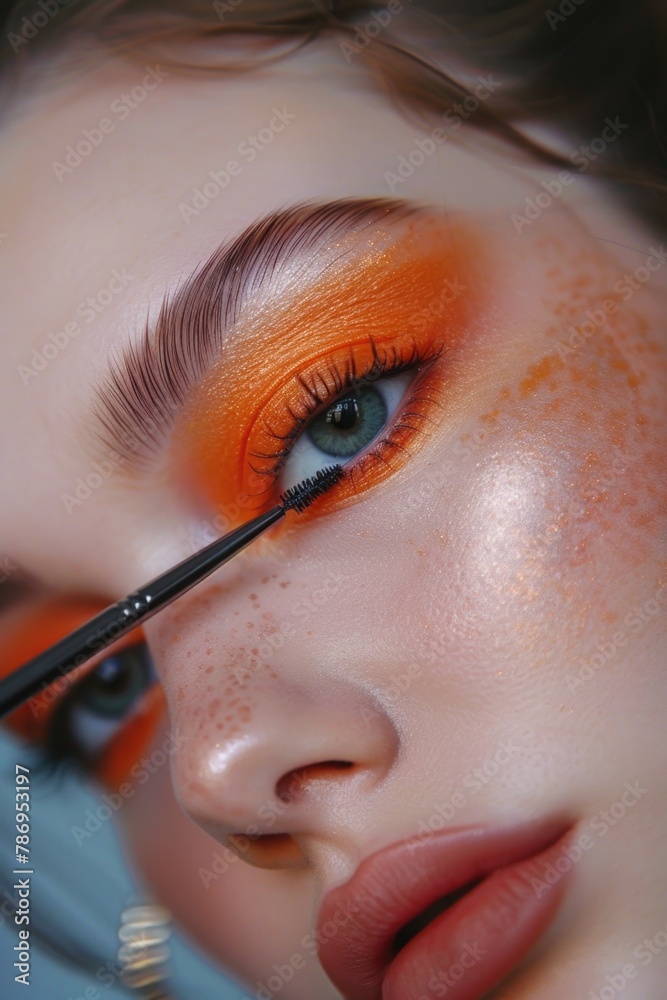 A close-up shot of a woman with vibrant orange makeup. Perfect for beauty and fashion concepts