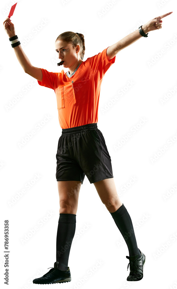 Young serious woman, soccer referee blowing a whistle and showing yellow card as warning symbol isolated on transparent background. Concept of sport, game, competition, tournament Young serious woman, soccer referee blowing a whistle and showing yellow card as warning symbol isolated on transparent background. Concept of sport, game, competition, tournament
