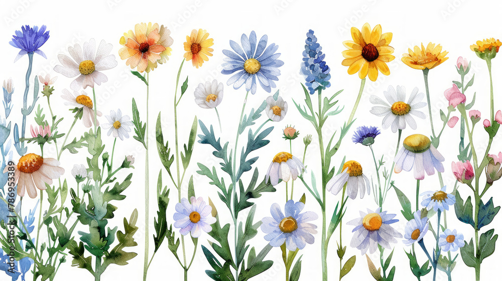 Set di fiori di camomilla e margherite in stile acquerello , foglie, rami, illustrazione botanica isolata su sfondo bianco scontornabile Set di fiori di camomilla e margherite in stile acquerello , foglie, rami, illustrazione botanica isolata su sfondo bianco scontornabile