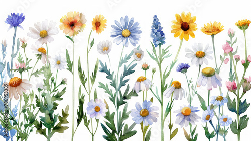 Set di fiori di camomilla e margherite in stile  acquerello , foglie, rami, illustrazione botanica isolata su sfondo bianco scontornabile