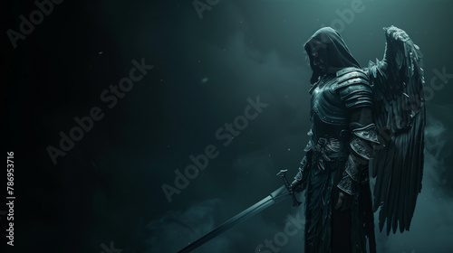 Fantasy angel warrior wearing iron armor holding sword on dark background with space for text
