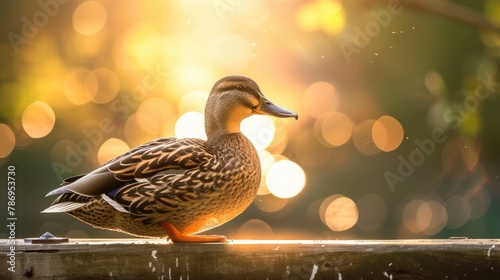 Duck perched on upper deck under sunlight in backlight photo