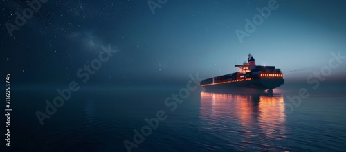 Vast Nighttime Seascape with Container Ship Sailing - Expansive Perspective photo