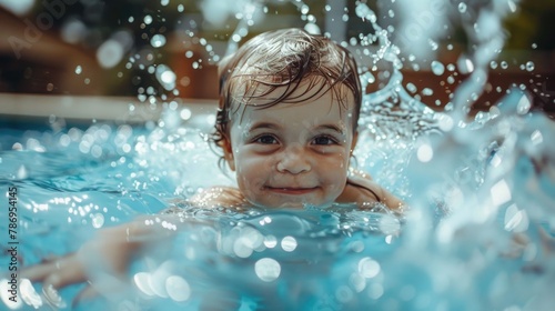 Young child swimming in a pool  suitable for summer activities