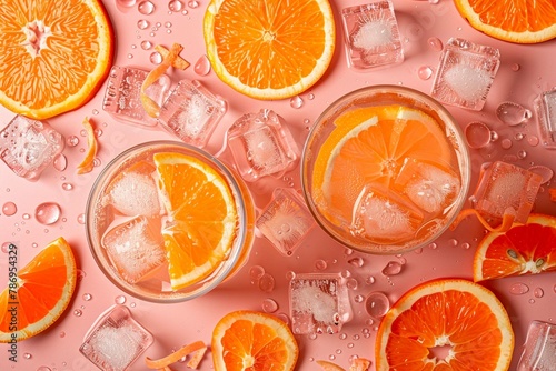 Orange slices and ice cubes with sparkling juice, fresh fruit lemonade with sparkling water and ice cubes, summer lemonade orange drink. Flat lay, top view,