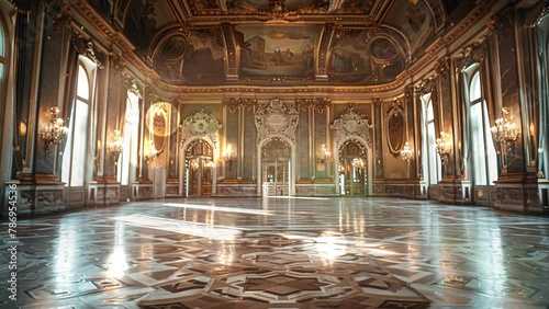 renaissance palace ballroom within a realm of art. seamless looping overlay 4k virtual video animation background photo