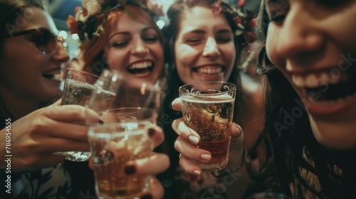 Group of women holding up glasses of beer. Perfect for advertising events or celebrations