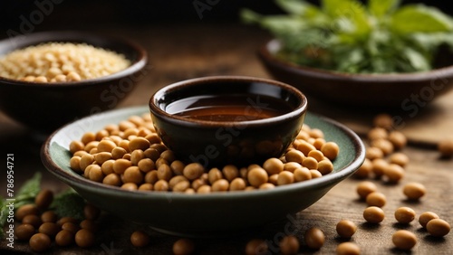 Close-up high-resolution image of a bowl of fresh and organic soybeans. Healthy food ingredients. photo