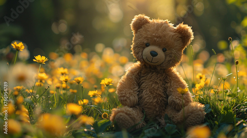 Smiling teddy bear enjoying a leisurely day on the verdant grass, soaking in the beauty of nature