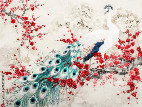 Peacocks in Chinese paintings, art pieces