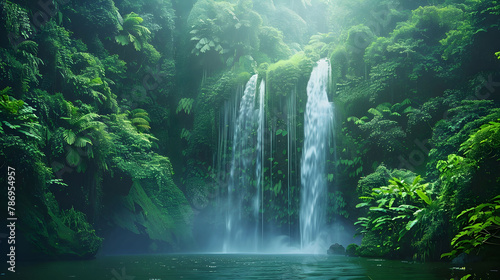 A lush green forest with a waterfall in the background © Tatiana