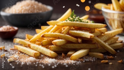 Close-up high-resolution image of crispy french fries with salt, pepper, and parsley.