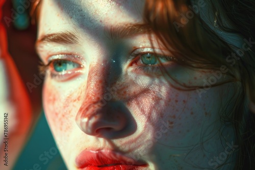 Close up of a woman with freckles  perfect for beauty and skincare concepts