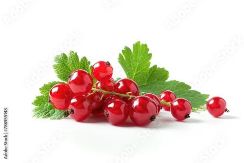 Fresh red currants with green leaves on a white surface. Perfect for food and nutrition concepts photo