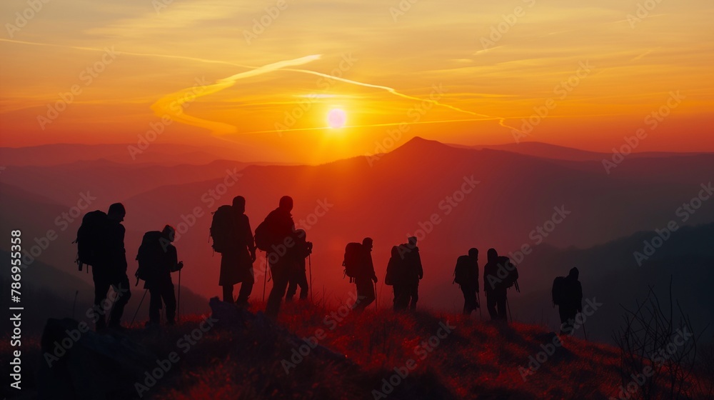 people walk along the mountain. a group of hikers climbed to the top and look at the sunrise and stunning spacious views of nature in the golden sunbeams