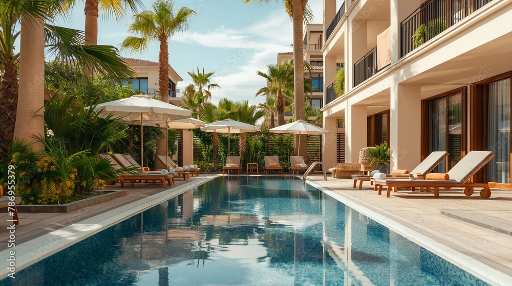 a place for luxurious relaxation and sunbathing by the pool of a modern resort on a sunny day without people a place for luxurious relaxation and sunbathing by the pool of a modern resort on a sunny day without people