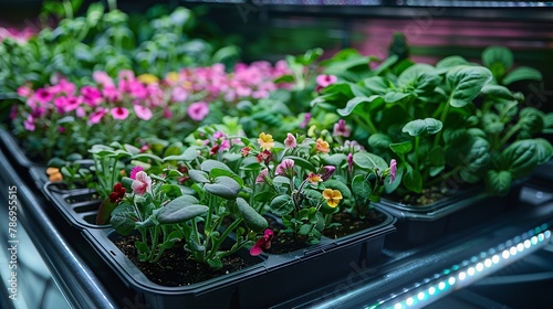 Cultivating indoor seedlings under broad-spectrum LED lights with plants resting on shelves.