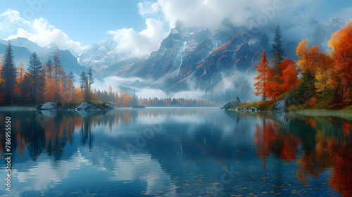 A beautiful mountain lake with a tree in the foreground